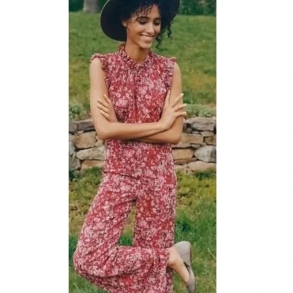 ANTHROPOLOGIE ALI&JAY TROUBADOUR RED FLORAL JUMPSUIT OPEN BACK FEMININE & FLOWY - Picture 7 of 14